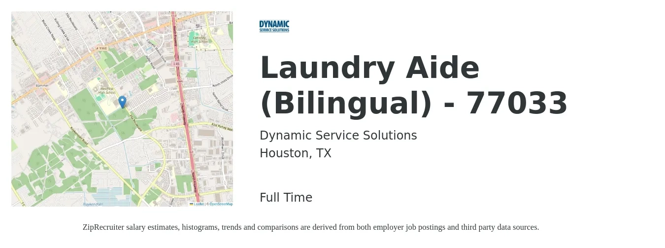 Dynamic Service Solutions job posting for a Laundry Aide (Bilingual) - 77033 in Houston, TX with a salary of $12 to $15 Hourly with a map of Houston location.