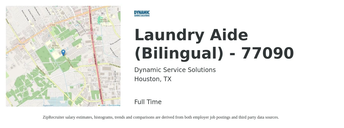 Dynamic Service Solutions job posting for a Laundry Aide (Bilingual) - 77090 in Houston, TX with a salary of $11 to $14 Hourly with a map of Houston location.