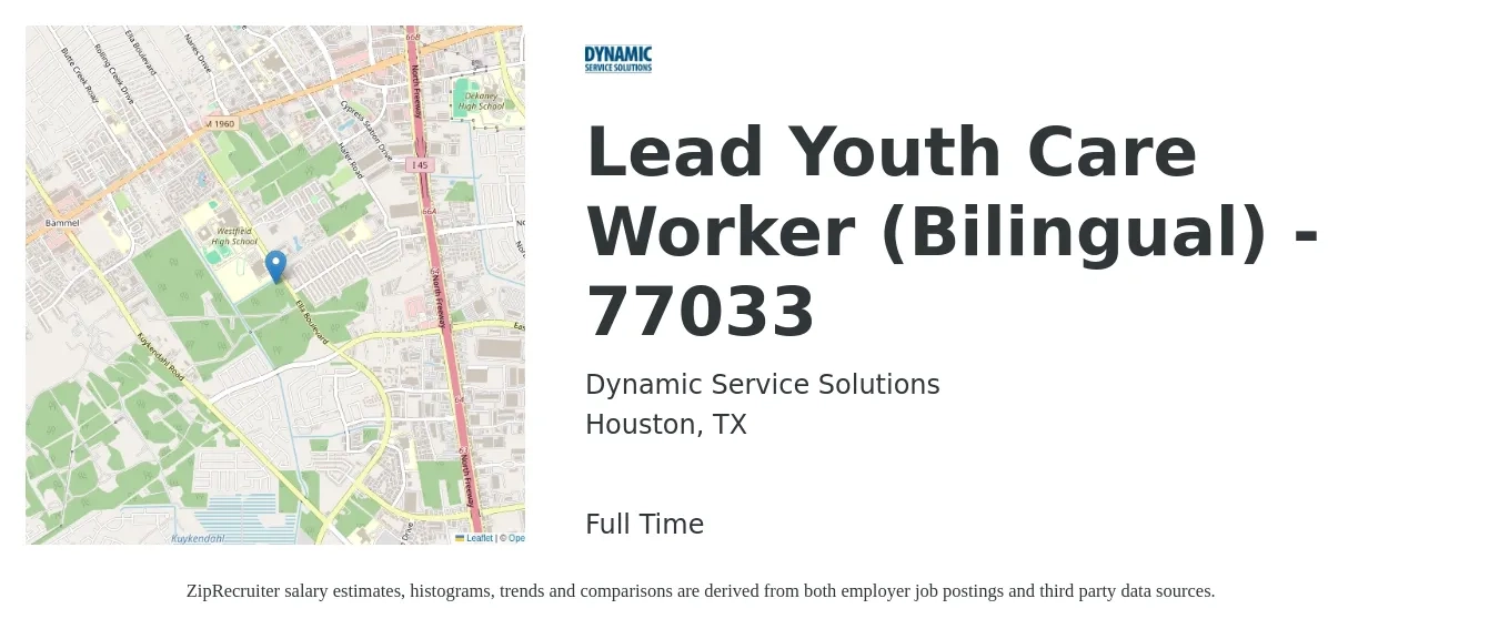 Dynamic Service Solutions job posting for a Lead Youth Care Worker (Bilingual) - 77033 in Houston, TX with a salary of $14 to $21 Hourly with a map of Houston location.