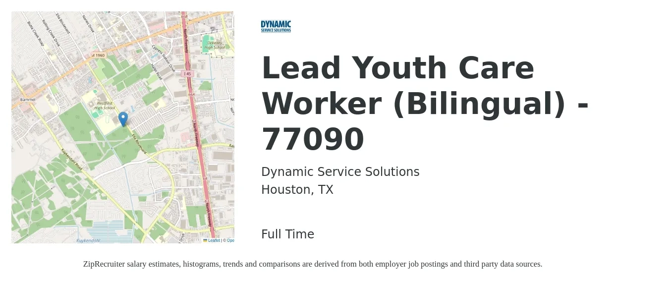 Dynamic Service Solutions job posting for a Lead Youth Care Worker (Bilingual) - 77090 in Houston, TX with a salary of $14 to $20 Hourly with a map of Houston location.