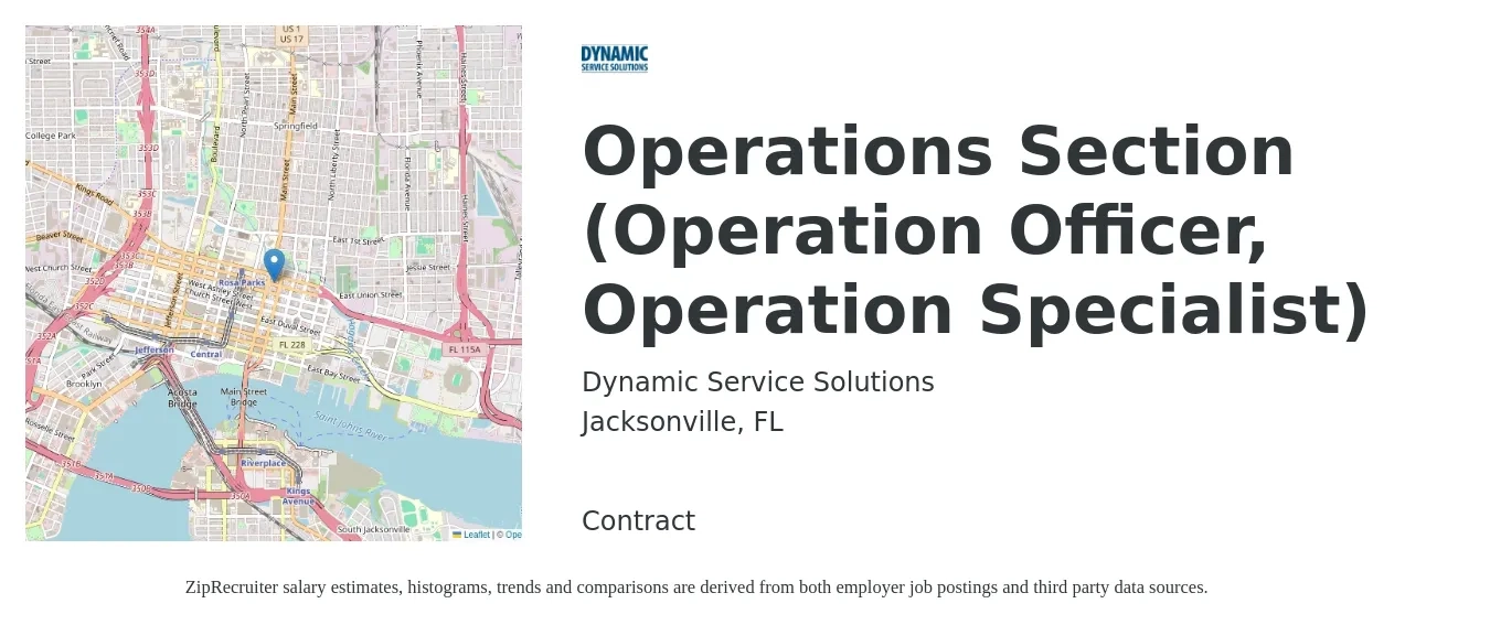 Dynamic Service Solutions job posting for a Operations Section (Operation Officer, Operation Specialist) in Jacksonville, FL with a salary of $43,600 to $74,000 Yearly with a map of Jacksonville location.