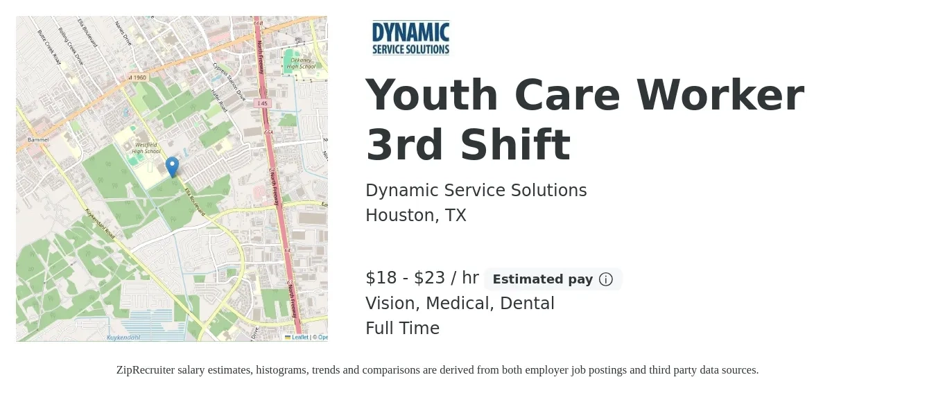 Dynamic Service Solutions job posting for a Youth Care Worker 3rd Shift in Houston, TX with a salary of $19 to $24 Hourly and benefits including dental, life_insurance, medical, pto, and vision with a map of Houston location.