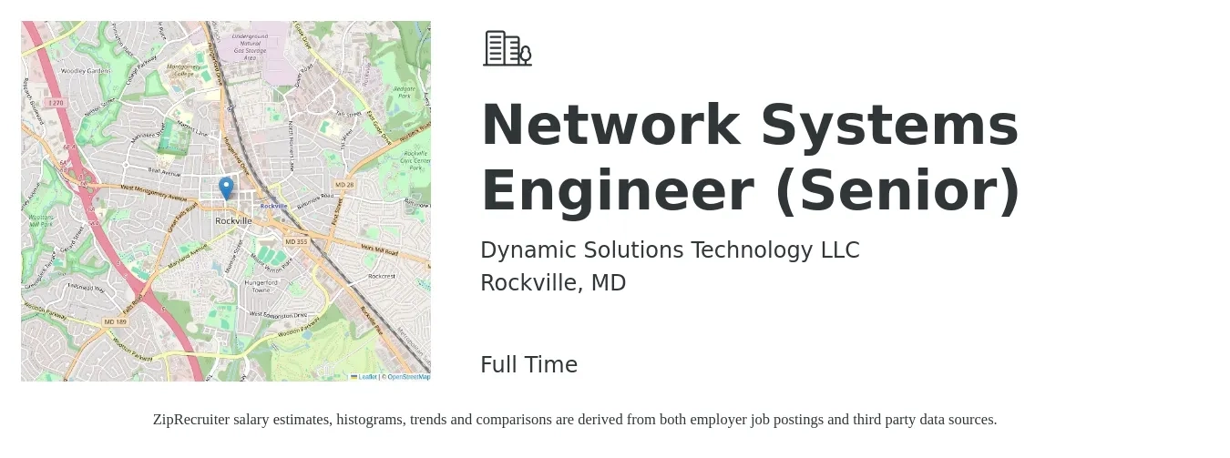 Dynamic Solutions Technology LLC job posting for a Network Systems Engineer (Senior) in Rockville, MD with a salary of $97,300 to $133,500 Yearly with a map of Rockville location.