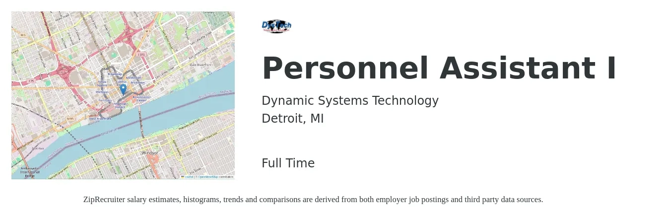 Dynamic Systems Technology job posting for a Personnel Assistant I in Detroit, MI with a salary of $18 Hourly with a map of Detroit location.