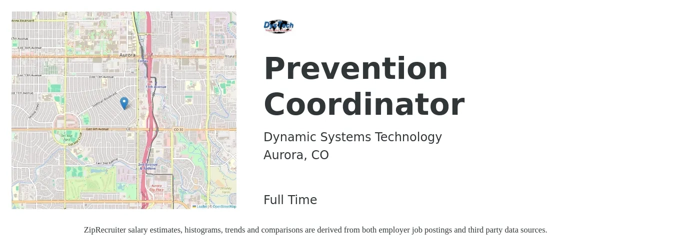 Dynamic Systems Technology job posting for a Prevention Coordinator in Aurora, CO with a salary of $47,400 to $68,300 Yearly with a map of Aurora location.