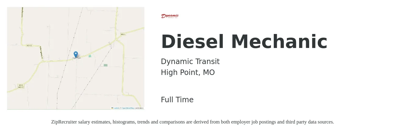 Dynamic Transit job posting for a Diesel Mechanic in High Point, MO with a salary of $25 to $30 Hourly with a map of High Point location.