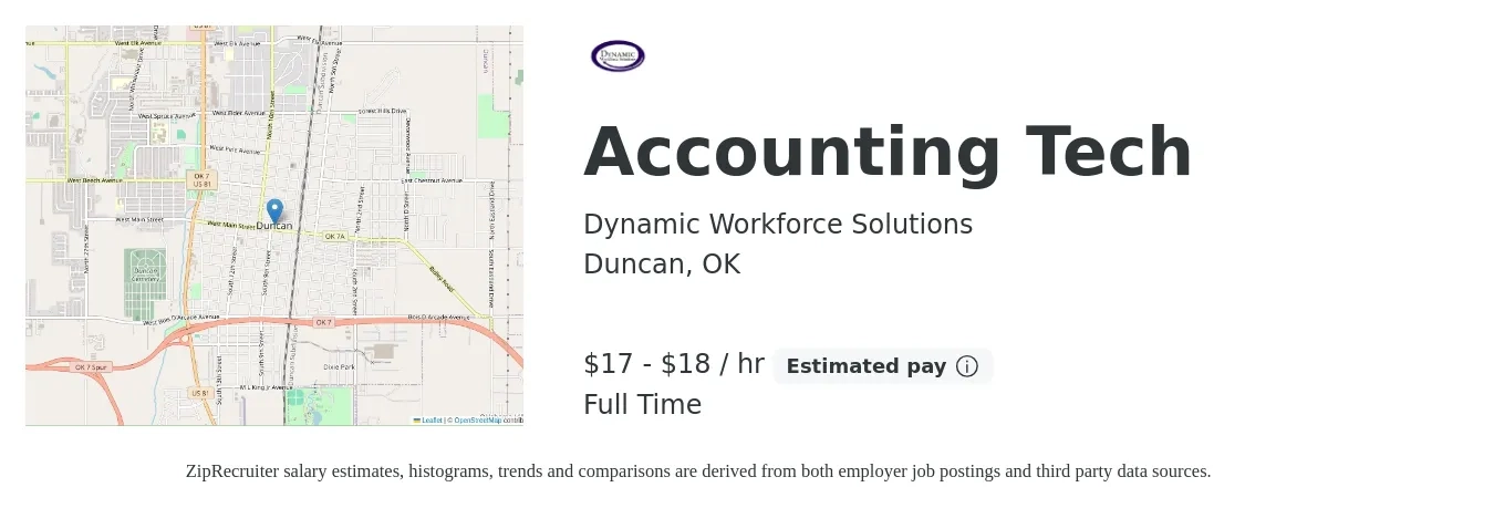Dynamic Workforce Solutions job posting for a Accounting Tech in Duncan, OK with a salary of $18 to $19 Hourly with a map of Duncan location.