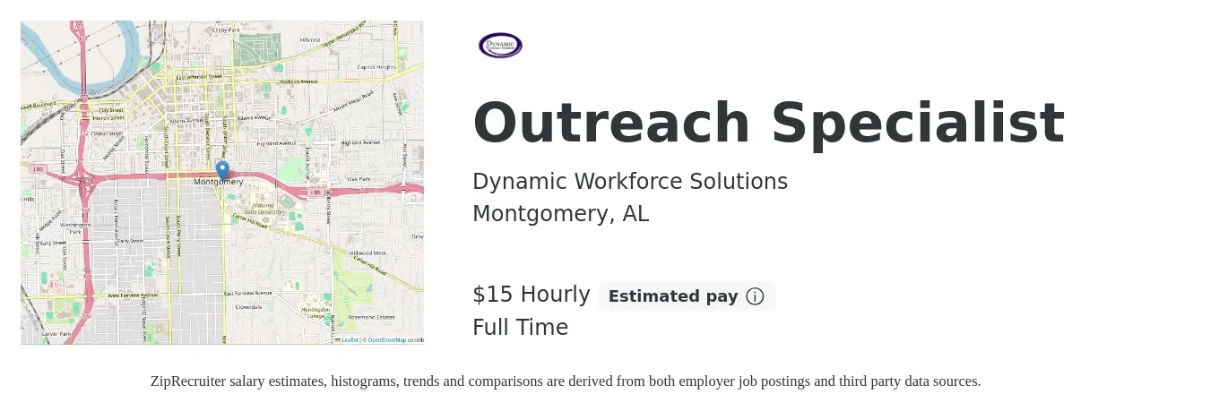 Dynamic Workforce Solutions job posting for a Outreach Specialist in Montgomery, AL with a salary of $16 to $16 Hourly with a map of Montgomery location.
