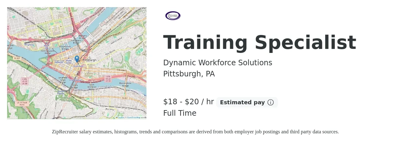 Dynamic Workforce Solutions job posting for a Training Specialist in Pittsburgh, PA with a salary of $19 to $22 Hourly with a map of Pittsburgh location.