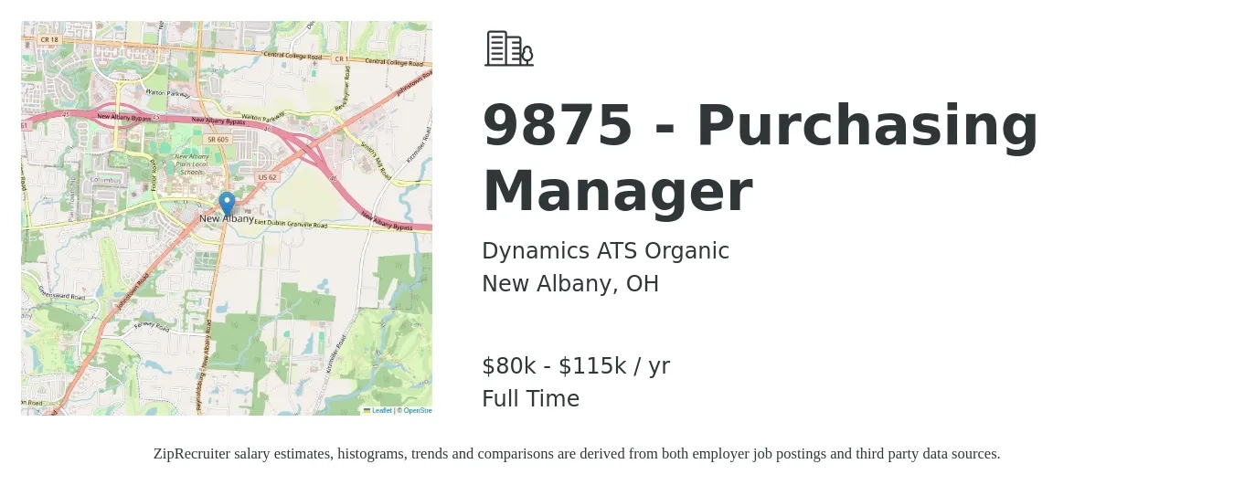 Dynamics ATS Organic job posting for a 9875 - Purchasing Manager in New Albany, OH with a salary of $80,000 to $115,000 Yearly with a map of New Albany location.
