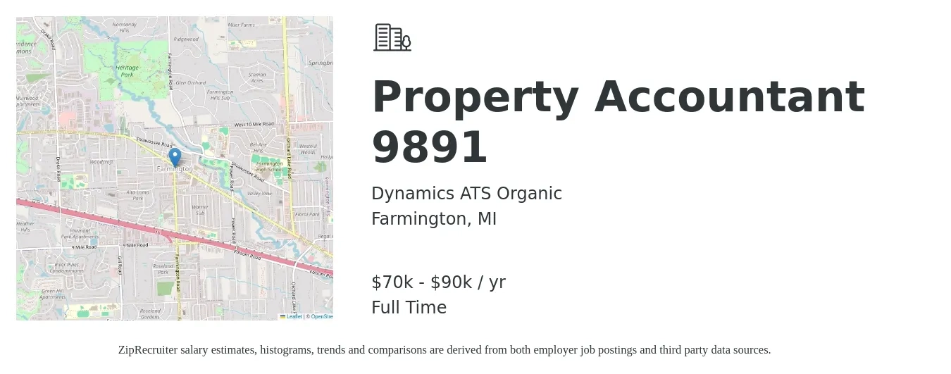 Dynamics ATS Organic job posting for a Property Accountant 9891 in Farmington, MI with a salary of $70,000 to $90,000 Yearly with a map of Farmington location.