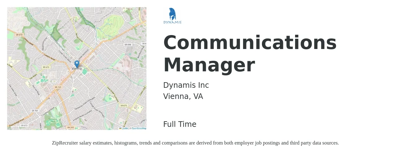 Dynamis Inc job posting for a Communications Manager in Vienna, VA with a salary of $66,200 to $97,900 Yearly with a map of Vienna location.
