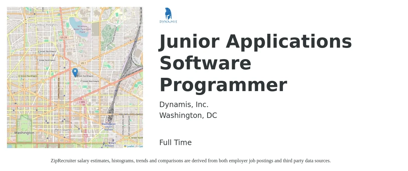 Dynamis, Inc. job posting for a Junior Applications Software Programmer in Washington, DC with a salary of $19 to $39 Hourly with a map of Washington location.