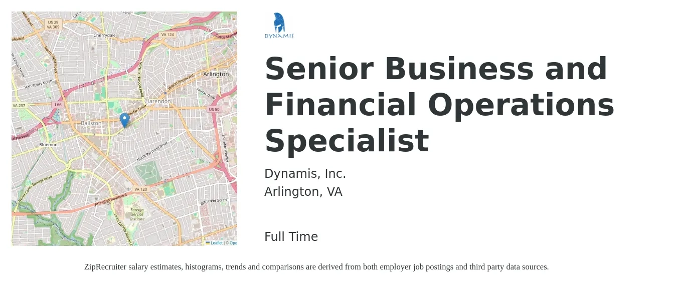 Dynamis, Inc. job posting for a Senior Business and Financial Operations Specialist in Arlington, VA with a salary of $98,400 to $122,500 Yearly with a map of Arlington location.