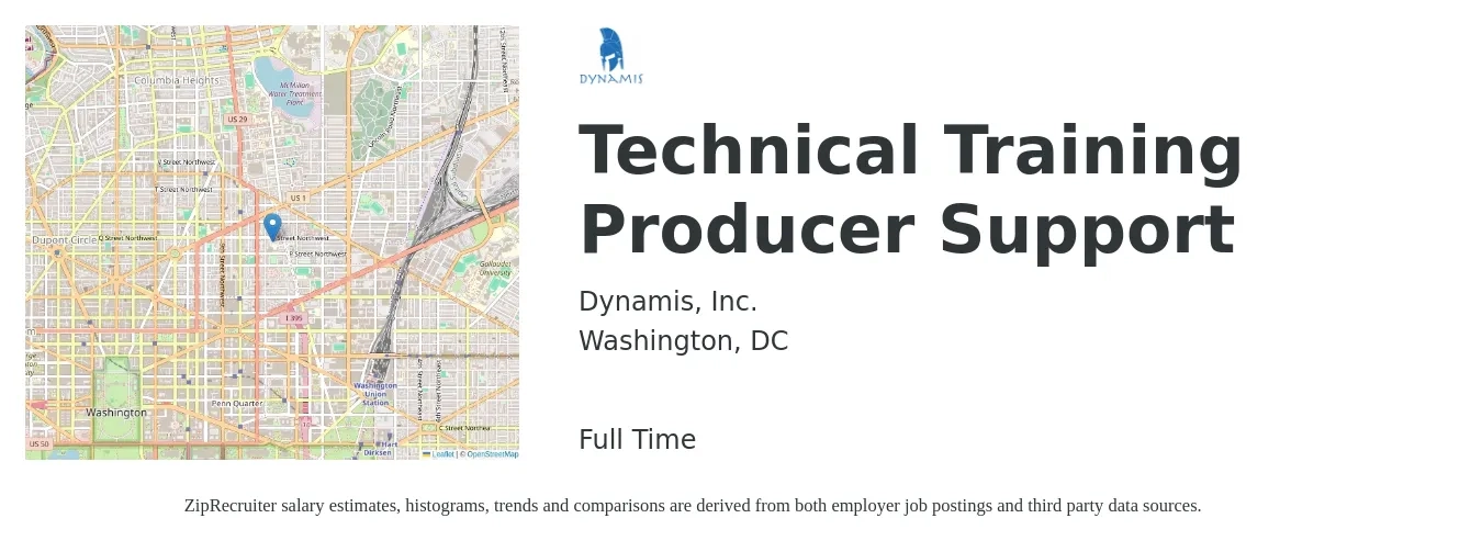Dynamis, Inc. job posting for a Technical Training Producer Support in Washington, DC with a salary of $56,600 to $81,000 Yearly with a map of Washington location.