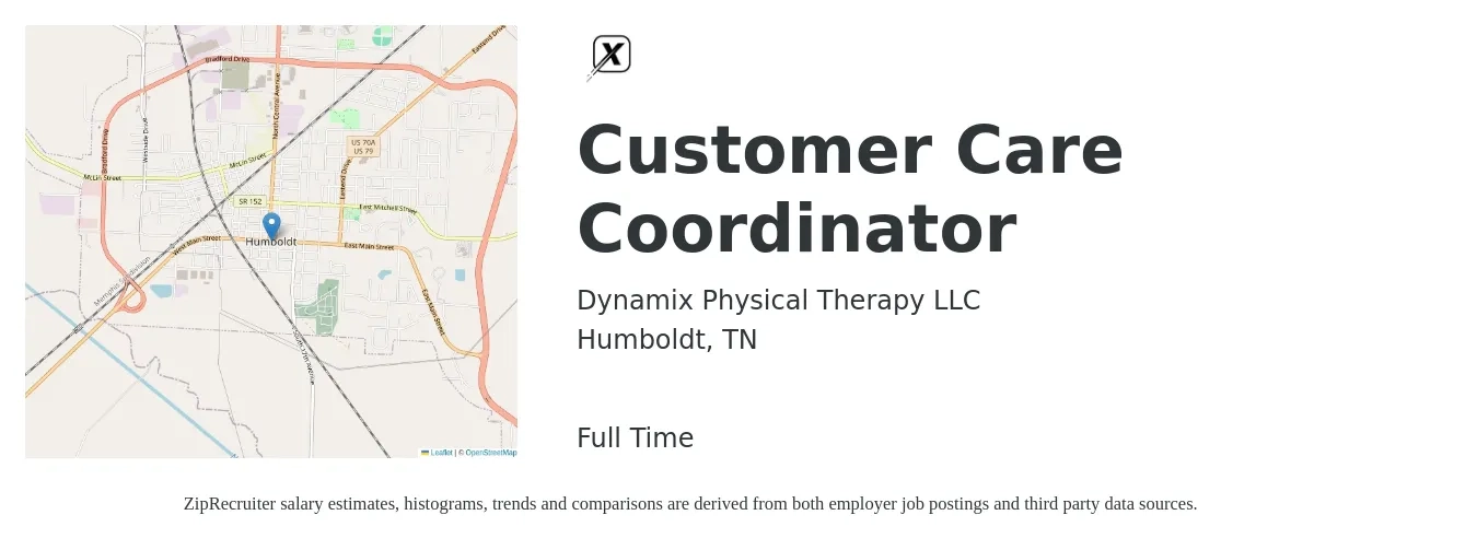 Dynamix Physical Therapy LLC job posting for a Customer Care Coordinator in Humboldt, TN with a salary of $16 to $21 Hourly with a map of Humboldt location.
