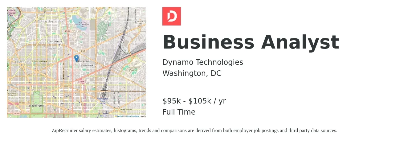 Dynamo Technologies job posting for a Business Analyst in Washington, DC with a salary of $95,000 to $105,000 Yearly with a map of Washington location.