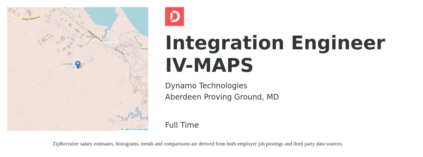 Dynamo Technologies job posting for a Integration Engineer IV-MAPS in Aberdeen Proving Ground, MD with a salary of $111,300 to $149,800 Yearly with a map of Aberdeen Proving Ground location.