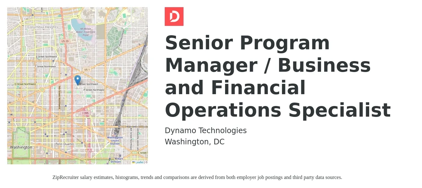 Dynamo Technologies job posting for a Senior Program Manager / Business and Financial Operations Specialist in Washington, DC with a salary of $131,400 to $131,900 Yearly with a map of Washington location.
