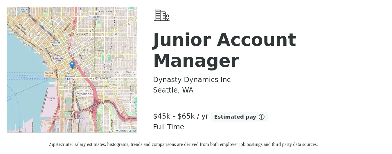 Dynasty Dynamics Inc job posting for a Junior Account Manager in Seattle, WA with a salary of $45,000 to $65,000 Yearly with a map of Seattle location.