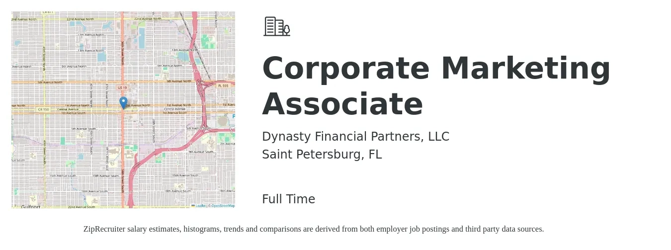 Dynasty Financial Partners, LLC job posting for a Corporate Marketing Associate in Saint Petersburg, FL with a salary of $40,300 to $55,600 Yearly with a map of Saint Petersburg location.