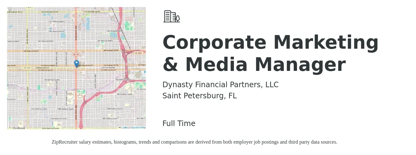 Dynasty Financial Partners job posting for a Corporate Marketing & Media Manager in Saint Petersburg, FL with a salary of $57,500 to $93,900 Yearly with a map of Saint Petersburg location.