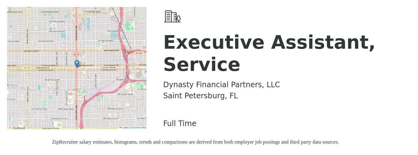 Dynasty Financial Partners, LLC job posting for a Executive Assistant, Service in Saint Petersburg, FL with a salary of $47,900 to $71,900 Yearly with a map of Saint Petersburg location.