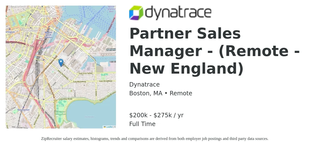 Dynatrace job posting for a Partner Sales Manager - (Remote - New England) in Boston, MA with a salary of $200,000 to $275,000 Yearly with a map of Boston location.