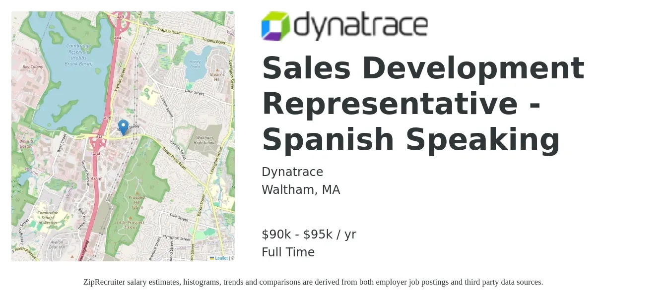 Dynatrace job posting for a Sales Development Representative - Spanish Speaking in Waltham, MA with a salary of $90,000 to $95,000 Yearly with a map of Waltham location.