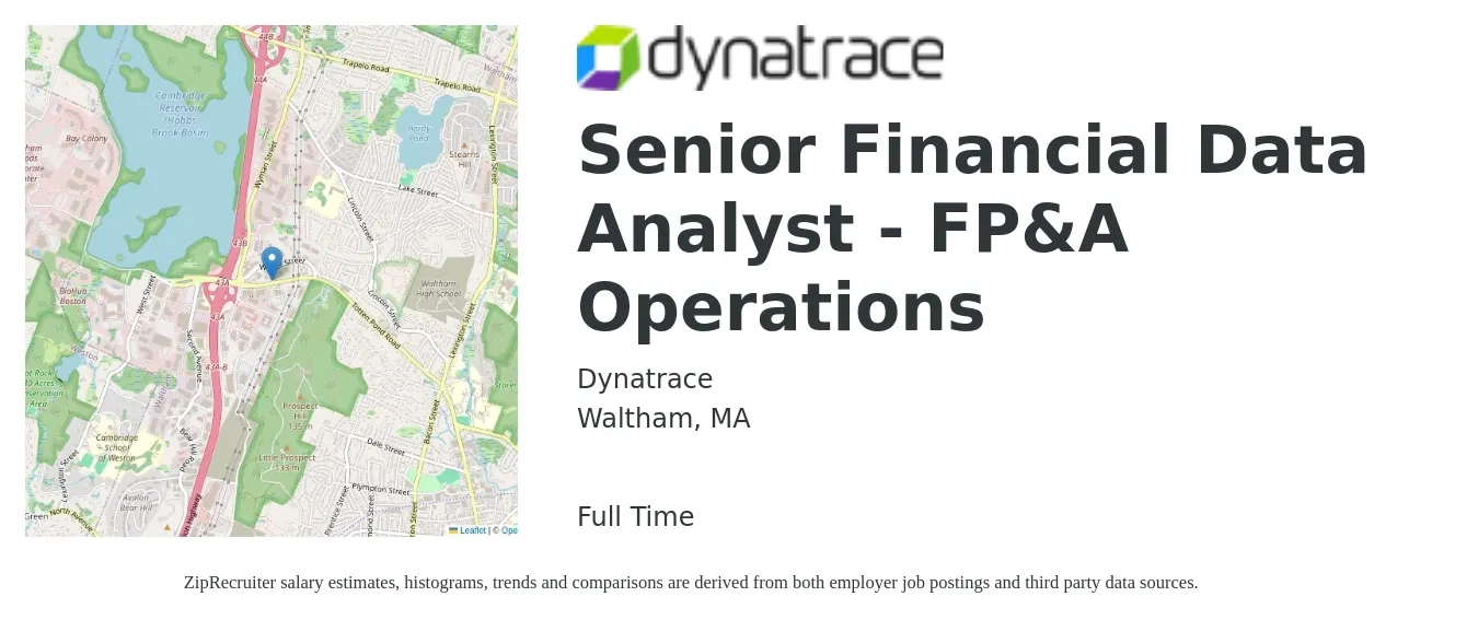Dynatrace job posting for a Senior Financial Data Analyst - FP&A Operations in Waltham, MA with a salary of $92,200 to $114,900 Yearly with a map of Waltham location.