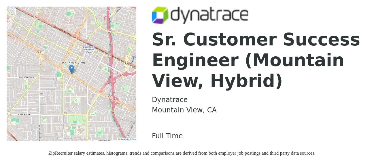 Dynatrace job posting for a Sr. Customer Success Engineer (Mountain View, Hybrid) in Mountain View, CA with a salary of $70,200 to $116,800 Yearly with a map of Mountain View location.