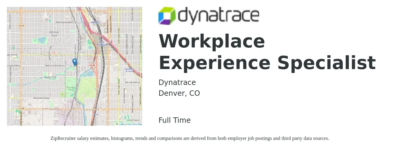 Dynatrace job posting for a Workplace Experience Specialist in Denver, CO with a salary of $58,700 to $101,400 Yearly with a map of Denver location.