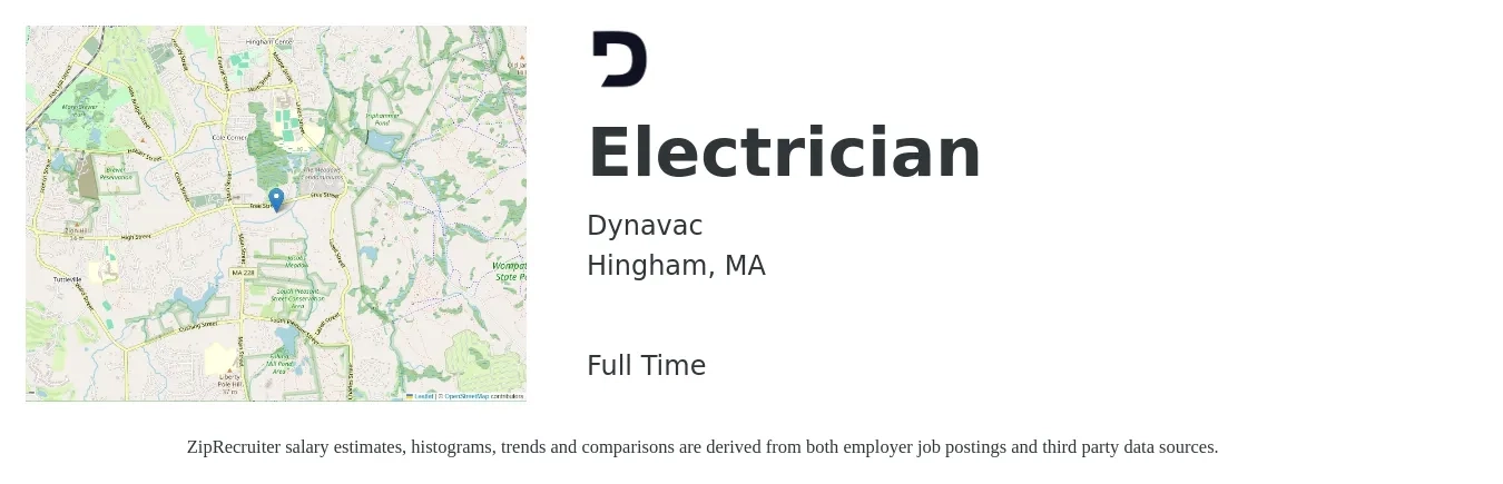 Dynavac job posting for a Electrician in Hingham, MA with a salary of $28 to $36 Hourly with a map of Hingham location.