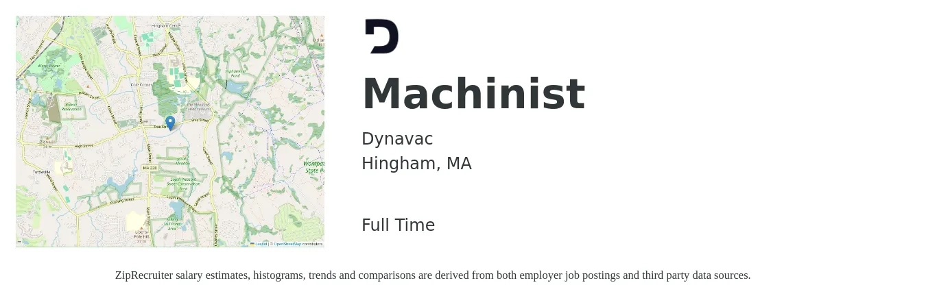 Dynavac job posting for a Machinist in Hingham, MA with a salary of $23 to $31 Hourly with a map of Hingham location.