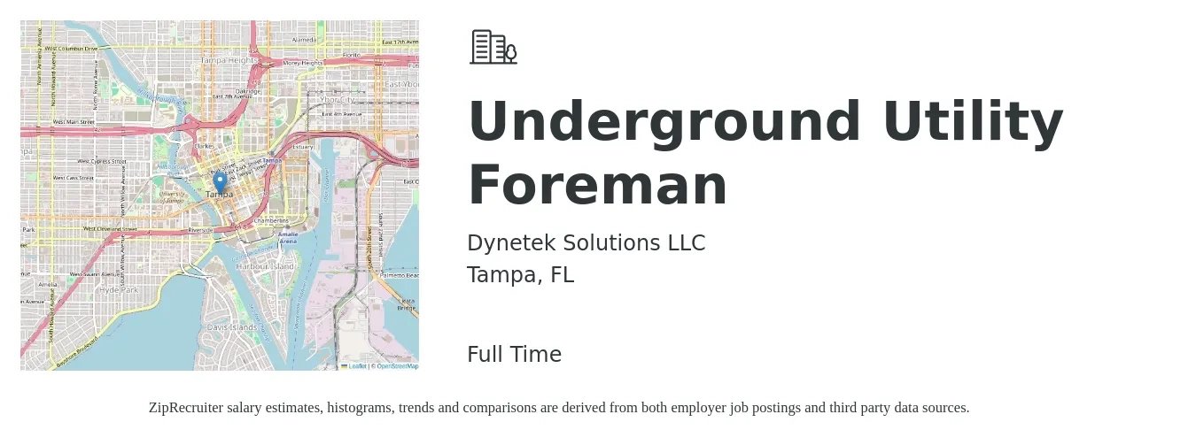 Dynetek Solutions LLC job posting for a Underground Utility Foreman in Tampa, FL with a salary of $27 to $38 Hourly with a map of Tampa location.