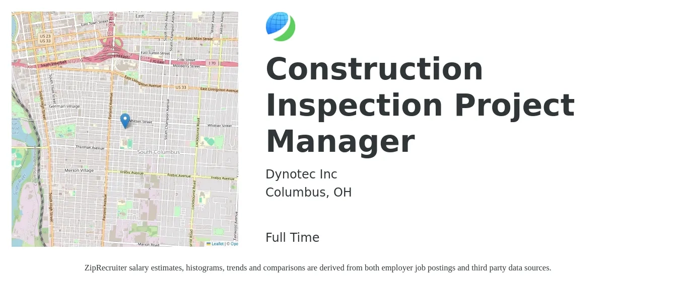 Dynotec Inc job posting for a Construction Inspection Project Manager in Columbus, OH with a salary of $68,300 to $108,400 Yearly with a map of Columbus location.