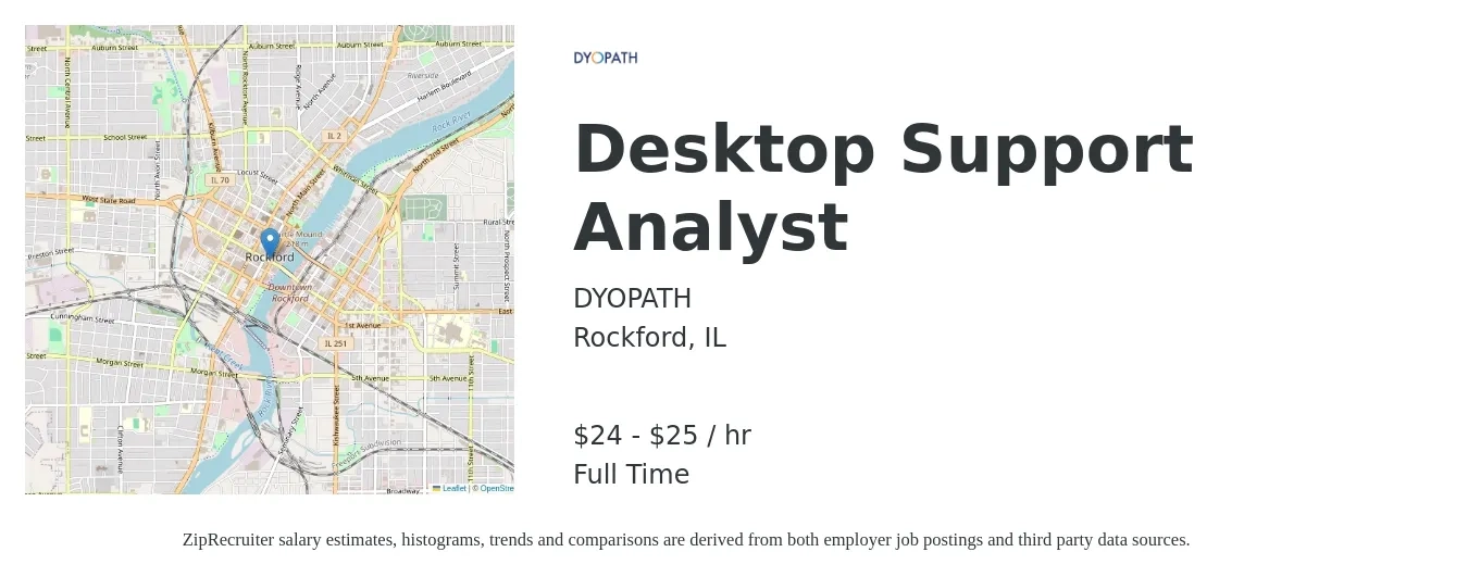 DYOPATH job posting for a Desktop Support Analyst in Rockford, IL with a salary of $25 to $27 Hourly with a map of Rockford location.