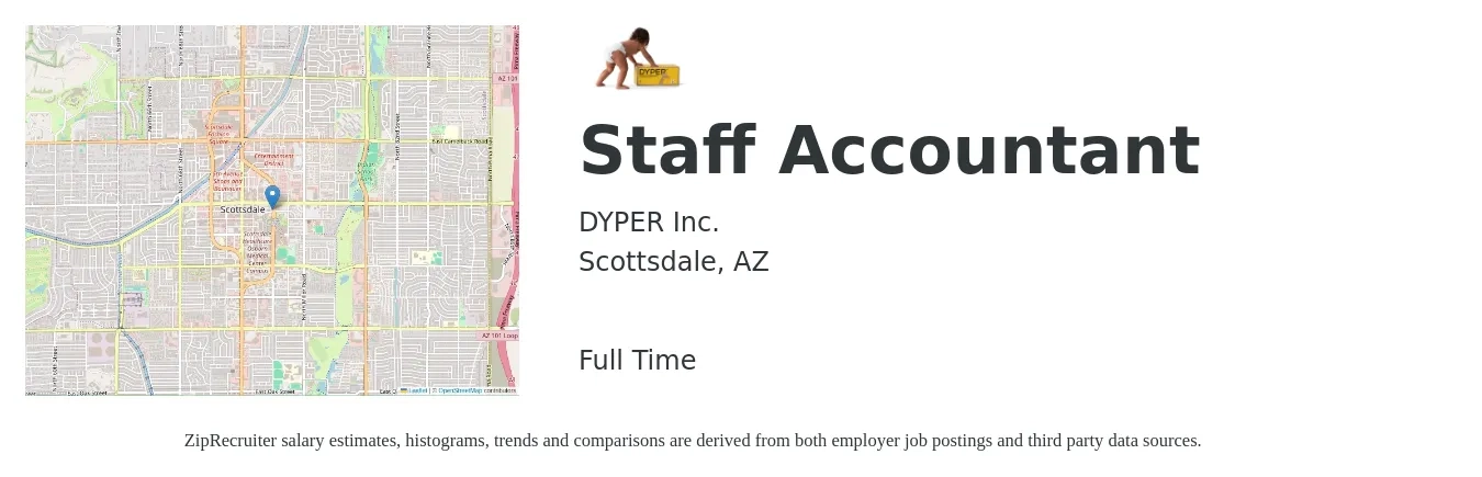 DYPER Inc. job posting for a Staff Accountant in Scottsdale, AZ with a salary of $53,500 to $70,500 Yearly with a map of Scottsdale location.