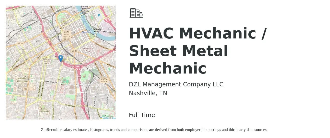 DZL Management Company LLC job posting for a HVAC Mechanic / Sheet Metal Mechanic in Nashville, TN with a salary of $24 to $32 Hourly with a map of Nashville location.