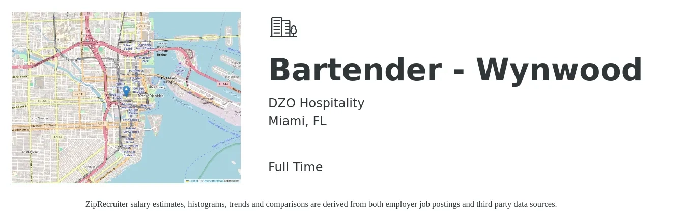 DZO Hospitality job posting for a Bartender - Wynwood in Miami, FL with a salary of $17 to $25 Hourly with a map of Miami location.