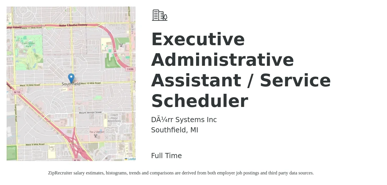 Dürr Systems Inc job posting for a Executive Administrative Assistant / Service Scheduler in Southfield, MI with a salary of $21 to $34 Hourly with a map of Southfield location.