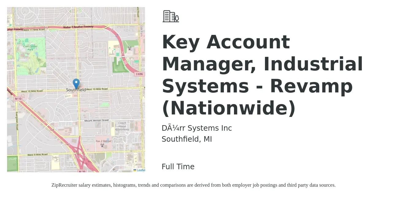 Dürr Systems Inc job posting for a Key Account Manager, Industrial Systems - Revamp (Nationwide) in Southfield, MI with a salary of $67,400 to $102,500 Yearly with a map of Southfield location.