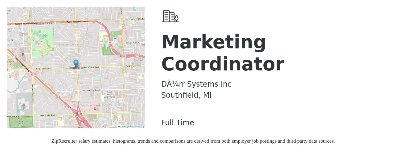 Dürr Systems Inc job posting for a Marketing Coordinator in Southfield, MI with a salary of $39,200 to $54,000 Yearly with a map of Southfield location.