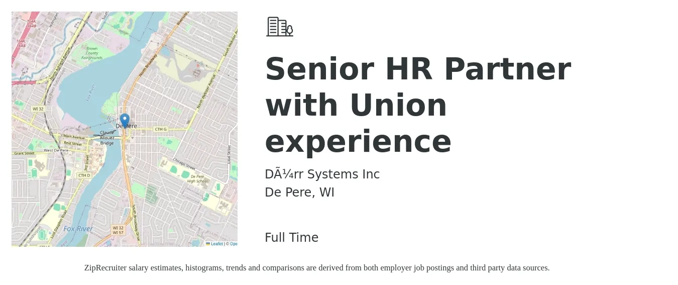 Dürr Systems Inc job posting for a Senior HR Partner with Union experience in De Pere, WI with a salary of $66,500 to $85,800 Yearly with a map of De Pere location.