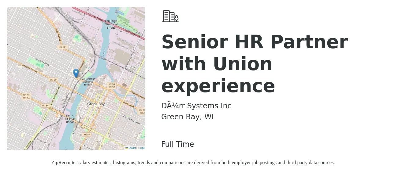 Dürr Systems Inc job posting for a Senior HR Partner with Union experience in Green Bay, WI with a salary of $67,100 to $86,600 Yearly with a map of Green Bay location.