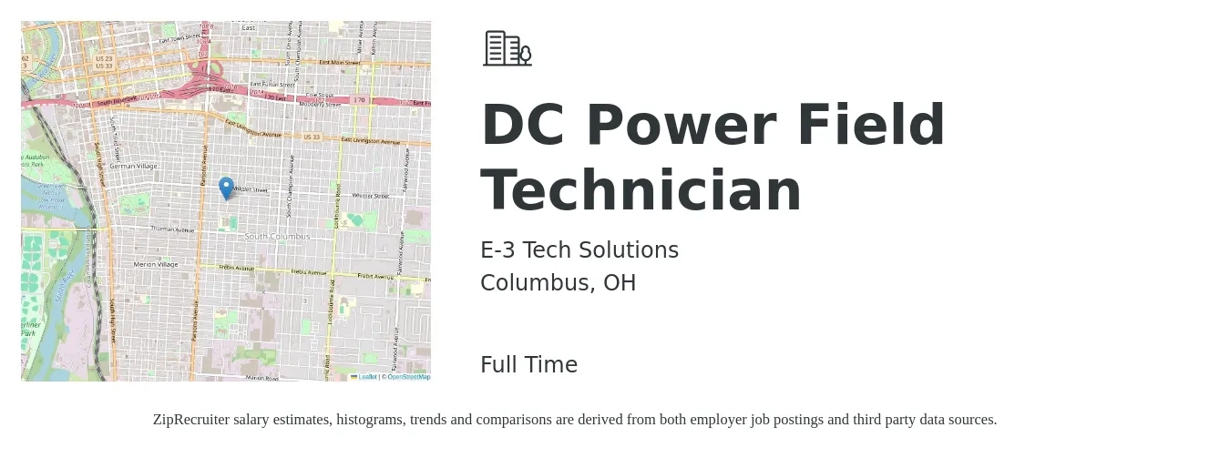 E-3 Tech Solutions job posting for a DC Power Field Technician in Columbus, OH with a salary of $18 to $30 Hourly with a map of Columbus location.