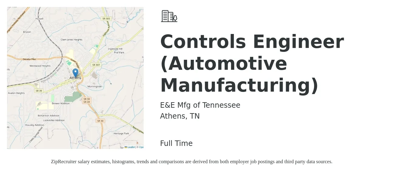 E&E Mfg of Tennessee job posting for a Controls Engineer (Automotive Manufacturing) in Athens, TN with a salary of $70,400 to $82,900 Yearly with a map of Athens location.