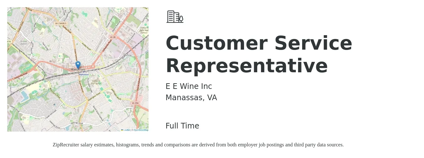 E E Wine Inc job posting for a Customer Service Representative in Manassas, VA with a salary of $16 to $22 Hourly with a map of Manassas location.