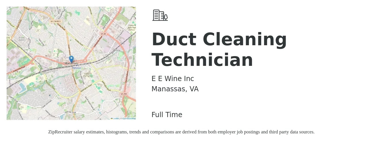 E E Wine Inc job posting for a Duct Cleaning Technician in Manassas, VA with a salary of $14 to $18 Hourly with a map of Manassas location.