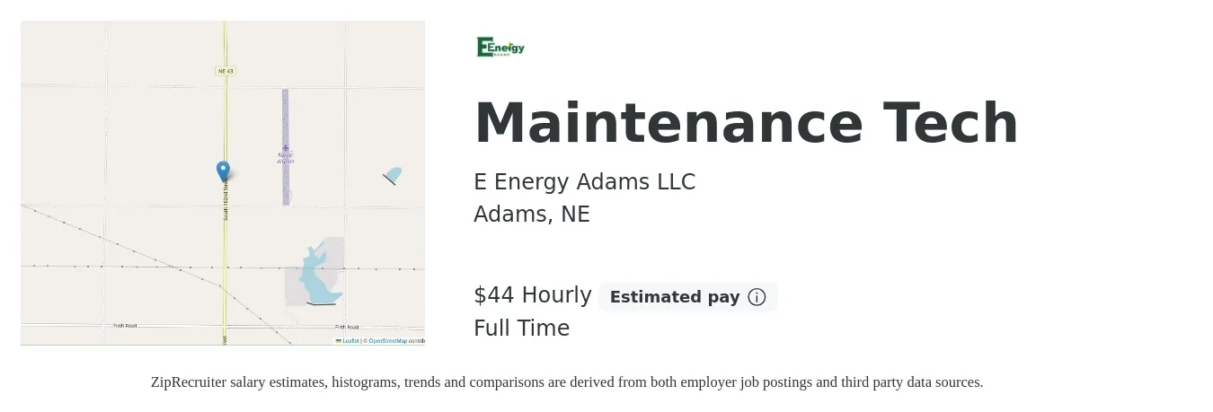 E Energy Adams LLC job posting for a Maintenance Tech in Adams, NE with a salary of $47 Hourly with a map of Adams location.
